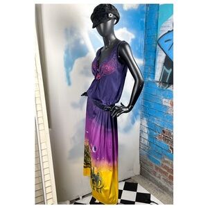 Hand-dyed, hand-painted, one of a kind wearable art upcycled cityscape dress